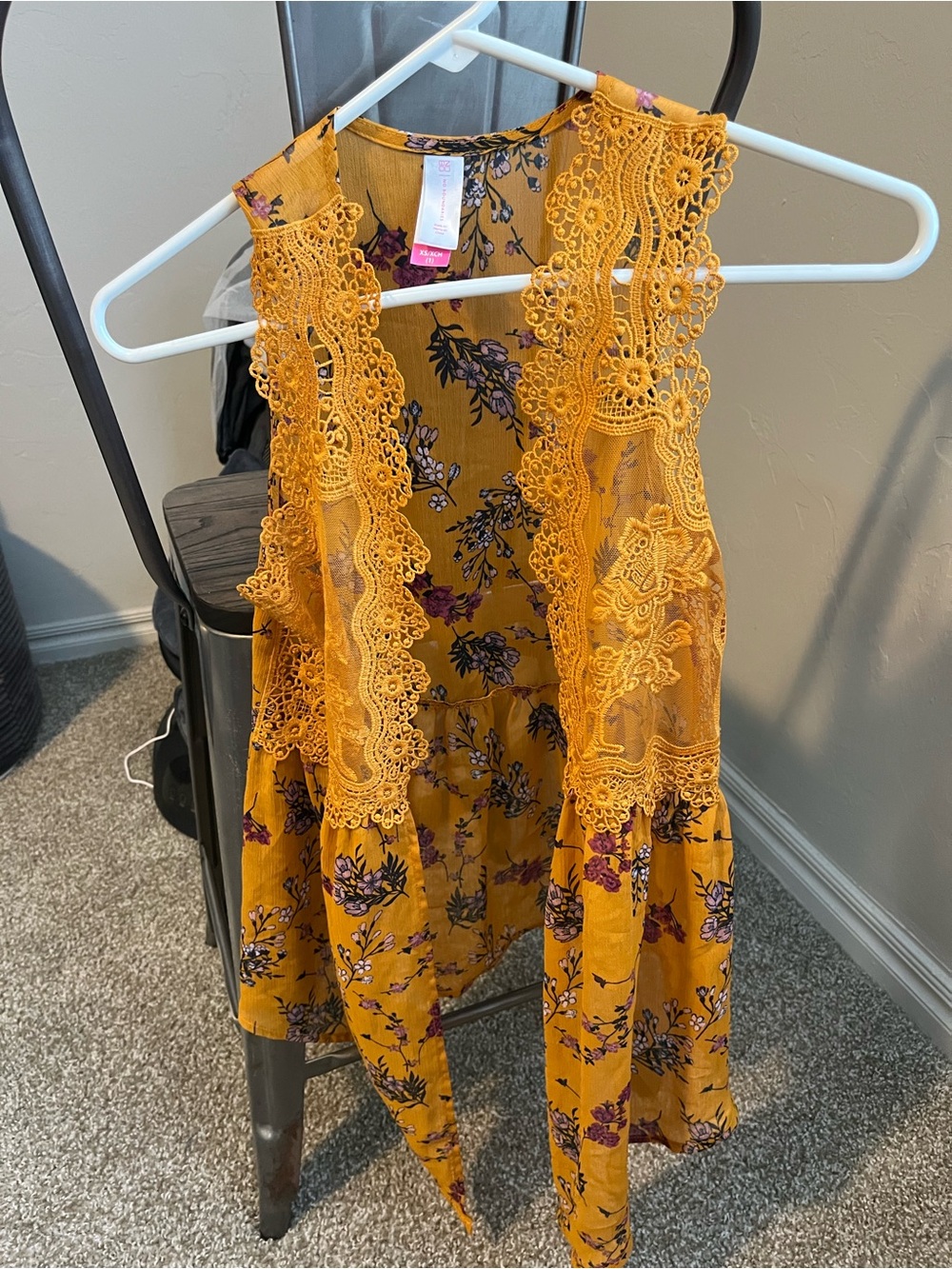No Boundaries Mustard Floral Lace-Trim Sleeveless Dress